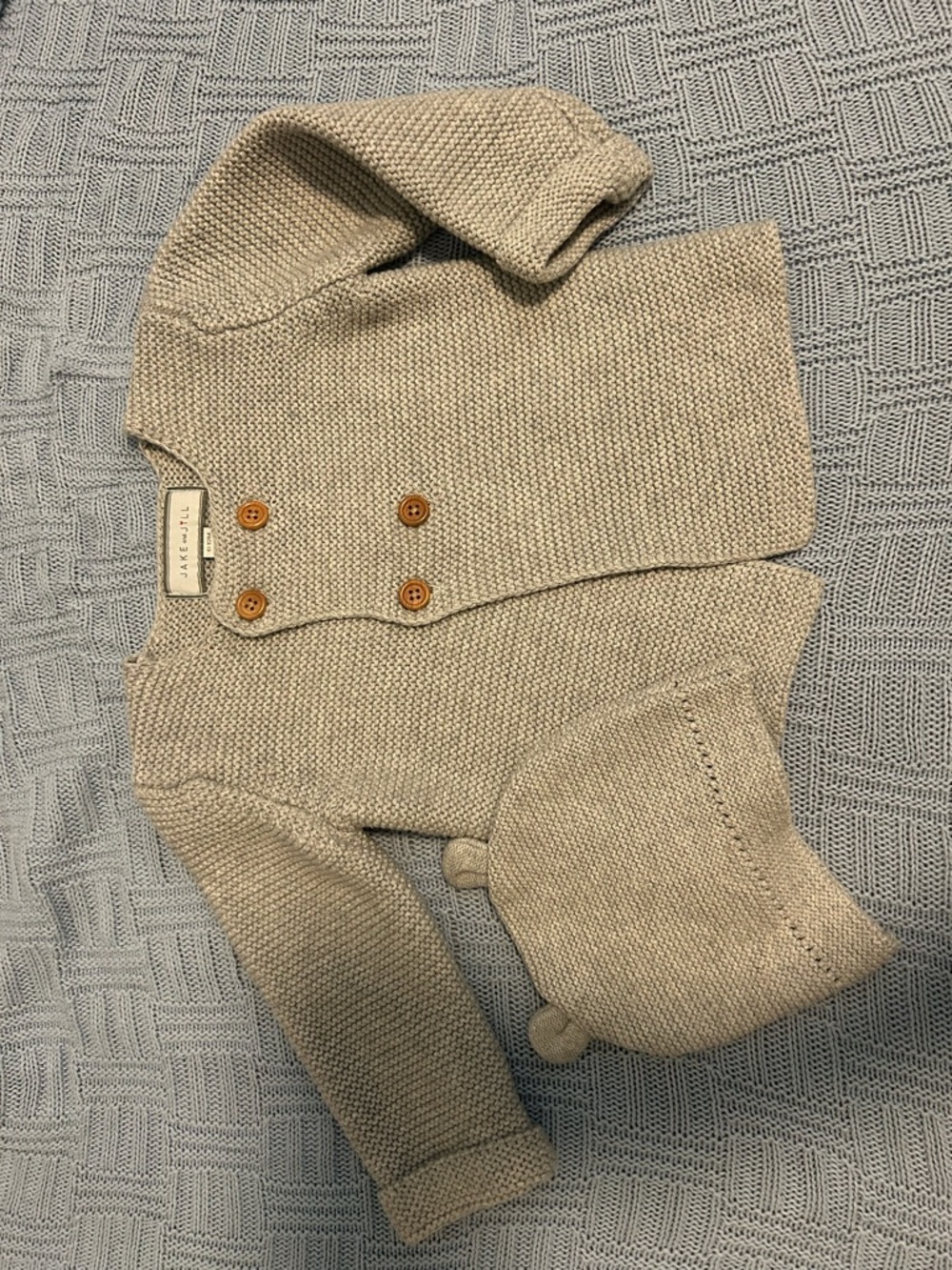 Gray Knit Baby Cardigan and Beanie Set - Beige